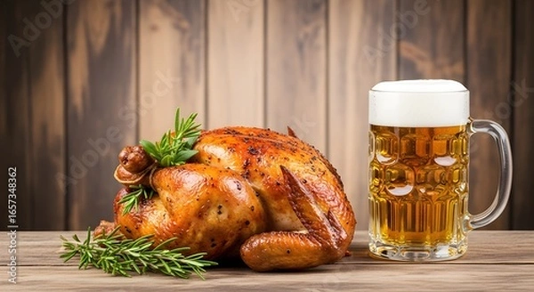 Obraz Roasted golden brown chicken with fresh rosemary, served alongside a frothy mug of crisp beer on a rustic wooden table, perfect for a festive feast.