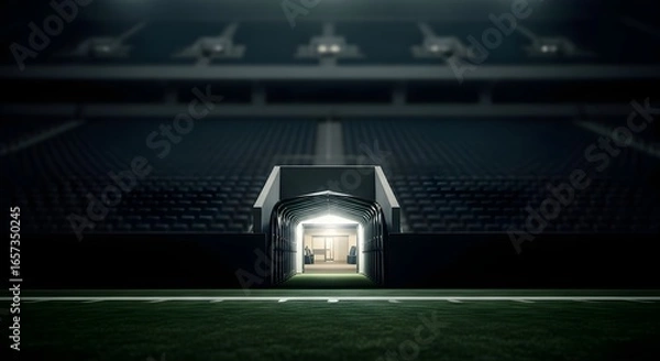 Obraz Dramatic view of a football stadium tunnel, illuminated by bright lights, leads onto the field, creating anticipation and the promise of a game.