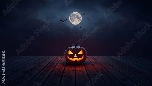 Fototapeta Halloween , halloween background glowing jack o lantern under the moonlight with bats flying halloween , halloween background 