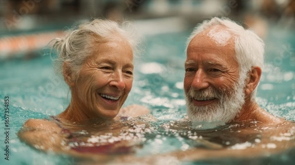 Obraz A happy senior couple swimming laps together in a heated community pool. The scene is inspiring and shows an active, lifelong lifestyle.