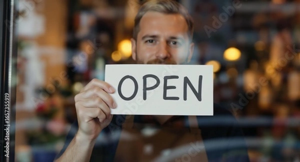 Fototapeta Business Owner Holding Open Sign at Storefront Window