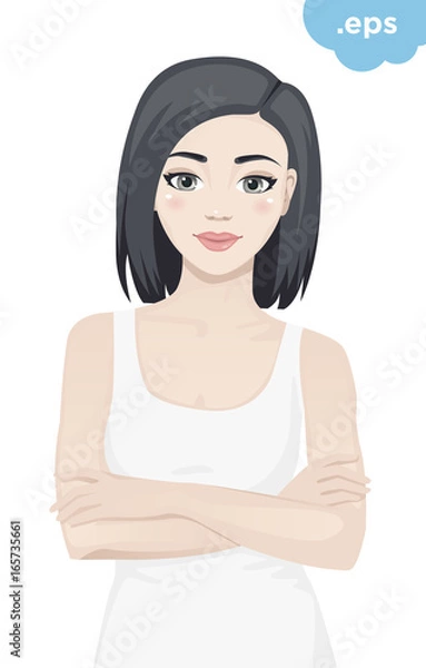 Fototapeta Young woman on a white background. Brunette girl in waistband smiling with her arms crossed