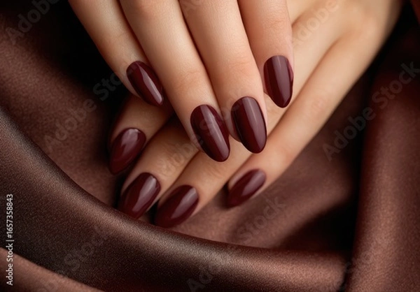 Fototapeta Close-up of well-manicured hands with dark red nail polish resting on silky brown fabric