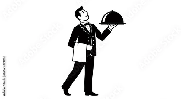 Fototapeta A sophisticated waiter in a classic tuxedo gracefully holds a covered serving tray, depicted as a stylish monochromatic vector illustration.