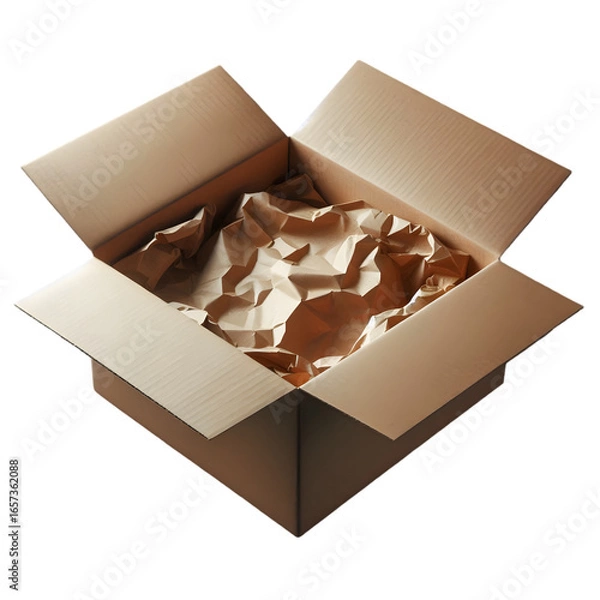 Fototapeta Open cardboard box filled with crumpled brown packing paper on a black background