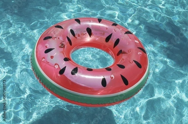 Fototapeta Watermelon-shaped inflatable pool ring floats on rippled blue pool water