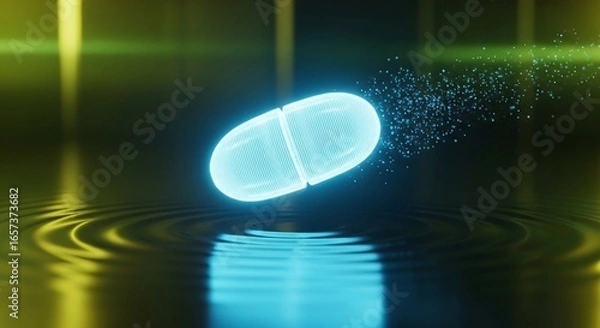 Fototapeta Futuristic glowing pill dissolves into particles over rippling water