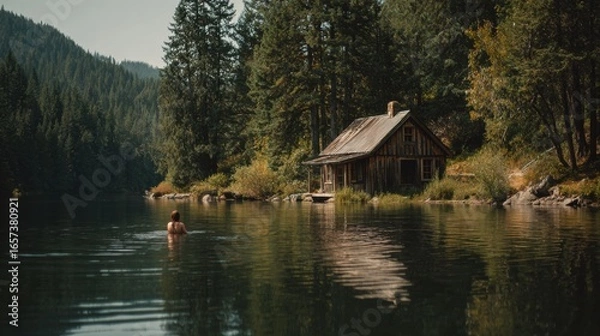 Obraz A person swimming in a lake at a rustic cabin. The scene is serene, calm, and full of a sense of retreat.