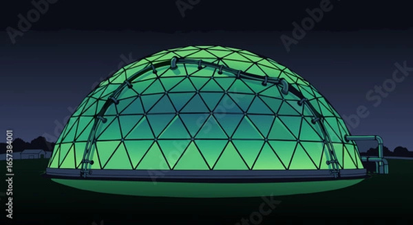 Obraz Nighttime exterior view of a geodesic dome structure illuminated with green light, showcasing its triangular framework against a dark