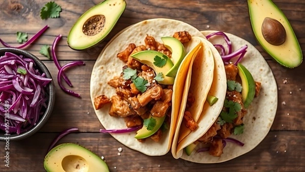 Fototapeta A vibrant display of Mexican street tacos with pork, avocado, and red cabbage on a rustic wooden surface.