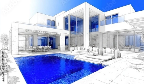 Fototapeta Architectural sketch of a modern house with pool (1)