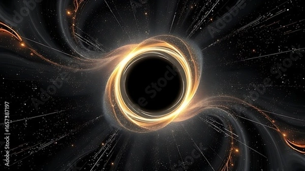 Fototapeta A black hole distorting space-time with quantum particles dancing harmoniously around it.