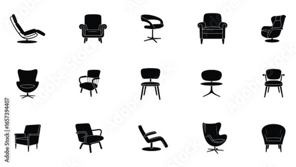 Fototapeta Black silhouette vector icons of modern chairs and furniture collection
