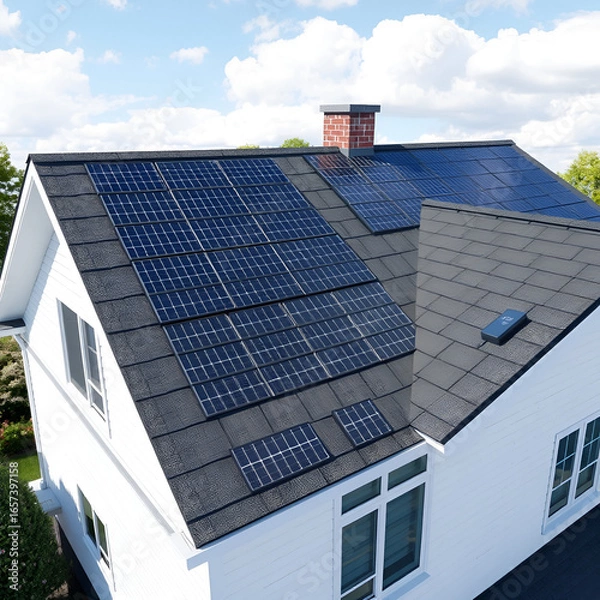 Fototapeta 3d rendering of solar or photovoltaic shingles in perspective on roof of home or house building. System technology to generate electrical power or direct current electricity by light or sunlight.