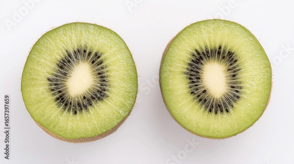 Fototapeta Fresh kiwi slices showcasing vibrant green flesh and tiny black seeds on a clean white surface.