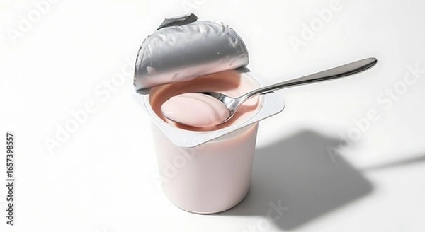 Obraz Eating Yogurt with Spoon From Container on White Background