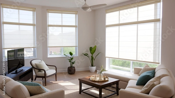 Fototapeta Motorized roller shades in a modern living room, featuring automated controls and summer-ready decor