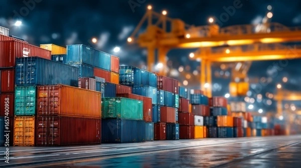 Fototapeta Stacked shipping containers at a port with cranes and lights at dusk cargo
