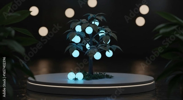 Obraz Luminous tree with glowing orbs on display stage, futuristic ambiance