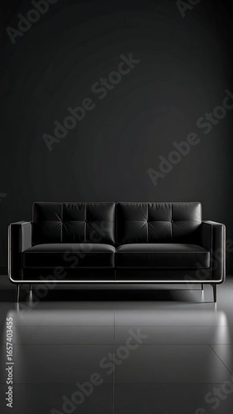 Obraz Sleek black leather sofa against dark wall, minimalist setting