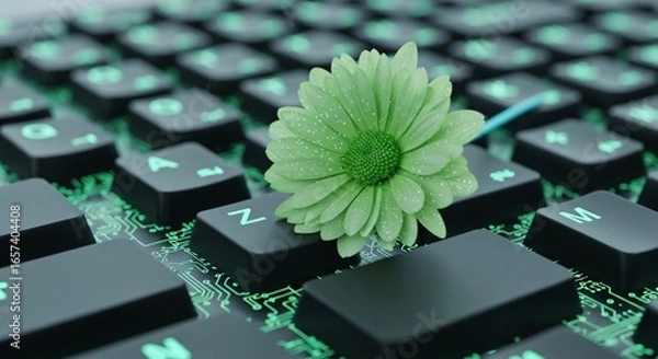 Obraz Nature meets technology a green flower rests on a glowing keyboard
