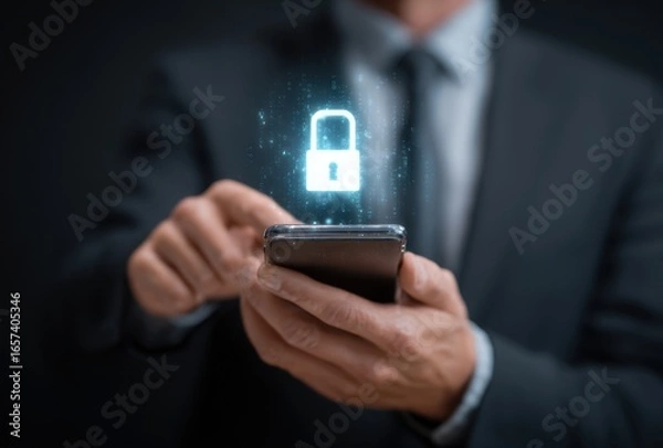 Fototapeta Businessperson in formal suit holding a smartphone with a digital padlock icon representing cybersecurity and data protection