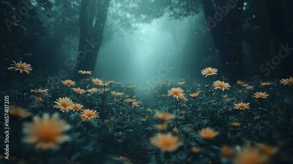 Fototapeta Mystical forest path with yellow flowers