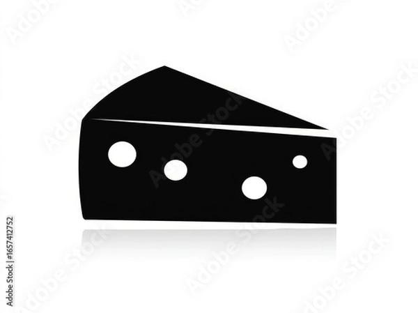 Fototapeta Simple black silhouette of a wedge of cheese with visible holes, cast against a white background with a subtle reflection