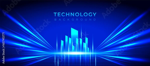 Obraz Technology background vector with glowing blue light beams and futuristic city building shapes on dark blue background. banners, templates, and digital technology projects