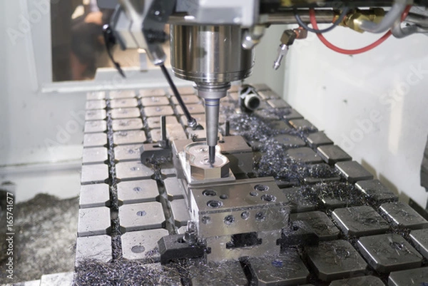 Obraz Metalworking CNC milling machine. Cutting metal processing technology. Rotating blurred tool. 