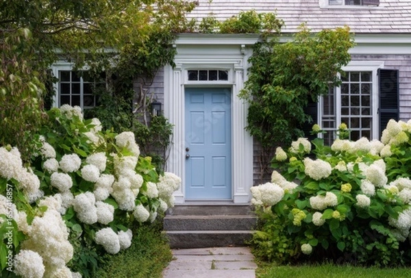 Fototapeta Charming white cottage with blue door surrounded by lush green foliage and blooming hydrangeas in a tranquil garden setting