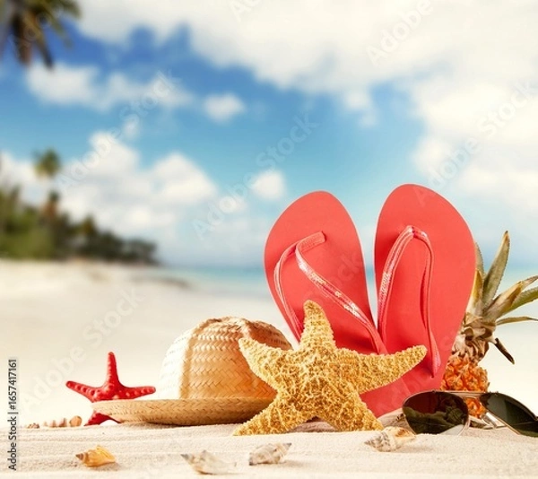 Fototapeta flip flops on the beach