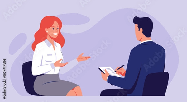 Fototapeta Woman Interviewing Talking to a Man Vector Illustration.