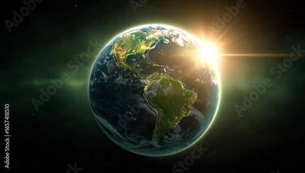 Fototapeta Glowing earth illuminated by bright sun rays in the vastness of space with stars