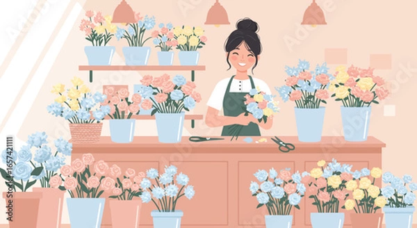 Fototapeta Smiling Florist Arranging Colorful Flowers in Shop.