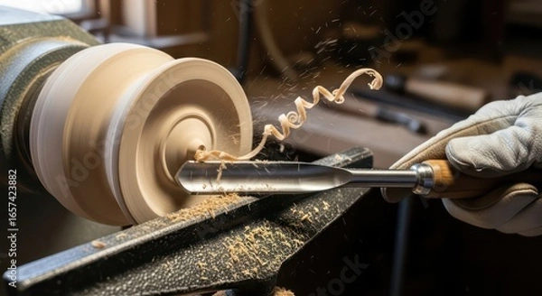 Fototapeta Woodturning in Action: Detailed View of a Bowl Being Shaped with Tool