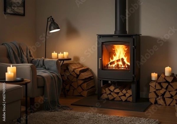 Fototapeta Cozy living room with a burning fireplace and candles