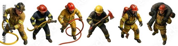Fototapeta Firefighters in Action with Hoses and Equipment, Isolated on White Background