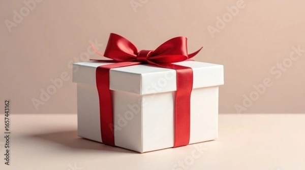 Fototapeta A pristine white gift box adorned with a vibrant crimson ribbon, a symbol of thoughtful presentation and celebratory gifting