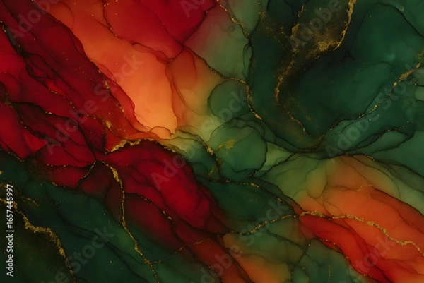 Fototapeta 蒼光の煌めき ― あかと緑と金の流動抽象画