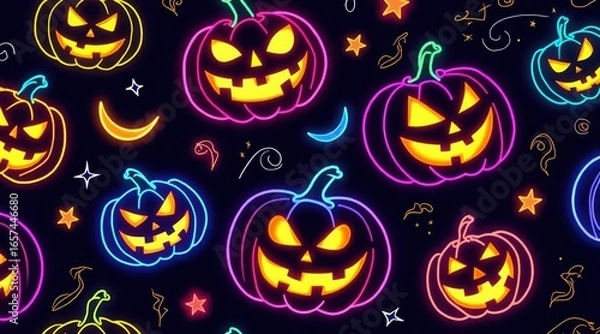 Fototapeta Seamless halloween pattern with neon pumpkins, stars and moons on dark background