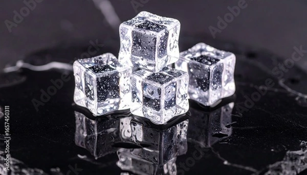 Fototapeta Fresh blue ice cubes, isolated and transparent, melt into clear water on a black background, with small drops reflecting the light