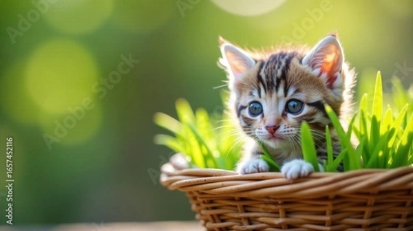 Fototapeta Adorable Kitten in a Wicker Basket Surrounded by Lush Green Grass, Basking in the Warm Sunlight of a Spring Day
