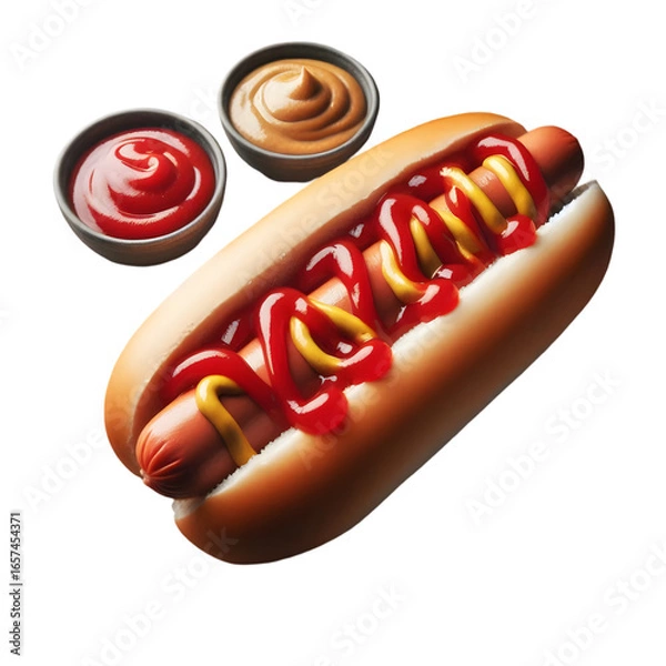 Fototapeta Delicious hot dog with ketchup and mustard on a bun with dipping sauces