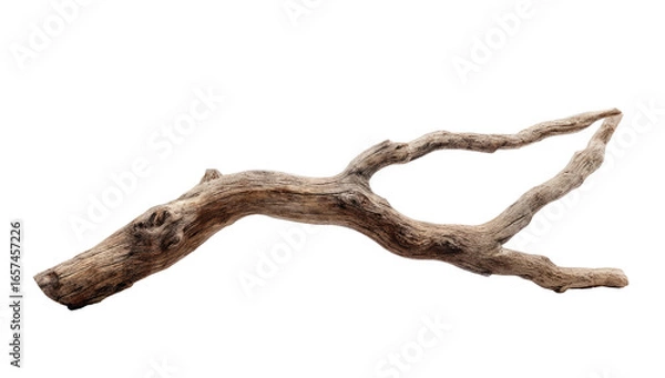 Fototapeta A weathered, forked branch, light tan/gray tones, isolated