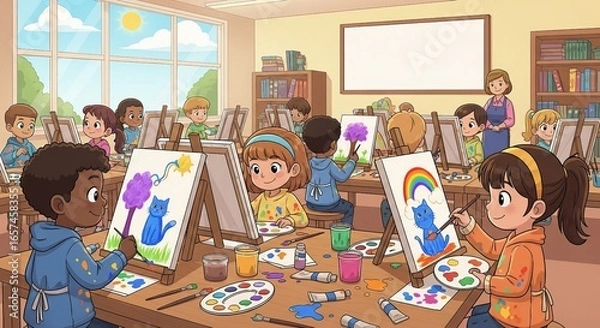 Fototapeta Diverse group of smiling children enthusiastically painting colorful artwork at easels in a bright art class.