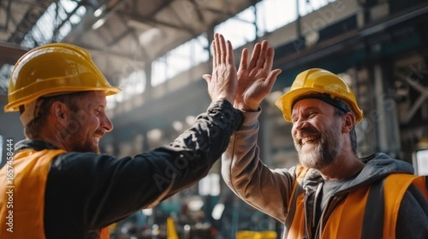Fototapeta Two smiling workers share a joyful moment with a high-five, illuminated by beams of soft natural light from a large factory window. They wear hardhats and safety vests in an industrial space filled wi