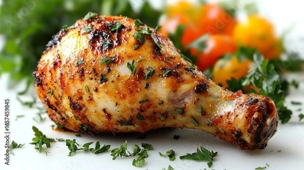 Fototapeta Roasted Chicken Leg with Tomatoes and Parsley on a Plate