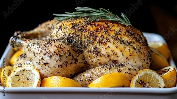 Fototapeta Roasted chicken with lemon garnish