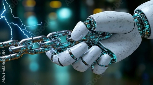 Fototapeta Robot hand/holding/chain/future tech/abstract